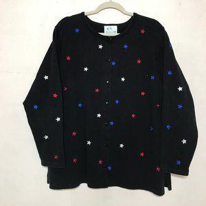 Quacker Factory Sz 1X Embroidered Red White Blue Stars Cotton Tee Knit Cardigan